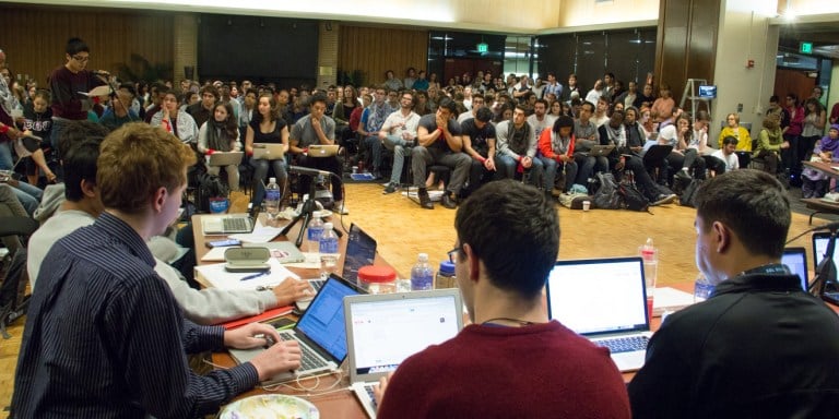 Tuesday's meeting saw over 400 people pack into the Oak Room in Tresidder.
(NICK SALAZAAR/The Stanford Daily)