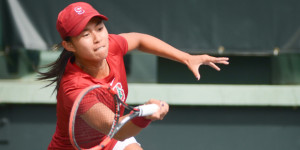 (NICK SALAZAR/The Stanford Daily) Stanford's top three singles players, sophomores Carol Zhao (above), Taylor Davidson and Caroline Doyle, each have won all four of their matches thus far. Over the Cardinal's 4-0 start, they have compiled a 25-7 total match record.