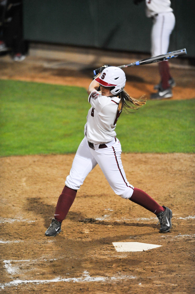 Senior outfielder Cassandra Roulund delivered for Stanford against UC Davis, hitting an RBI double in the bottom of the sixth inning to put the Card ahead 4-3 and secure the win. (ZETONG LI/The Stanford Daily)