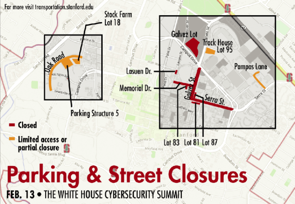 Expect traffic delays around campus on Friday due to the White House Summit on Cybersecurity and Consumer Protection.
(CAITLIN GO/The Stanford Daily)