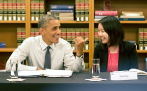 Vicki Niu '18 (right) was one of 10 students who participated in an hourlong roundtable with President Barack Obama on Friday afternoon. (SAM GIRVIN/The Stanford Daily)