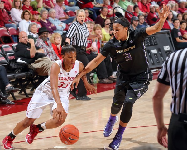 Senior point guard Amber Orrange (left) scored 13 of her 18 points in the second half and played an instrumental role in the Cardinal's victory over UCLA. Her team will look for her to have another impressive performance in Saturday's matchup against ASU. (BOB DREBIN/isiphotos.com)