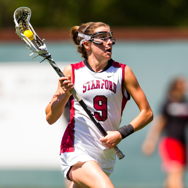 Senior midfielder Hannah Farr contributed 3 goals to the Cardinal effort against Cornell, but it ultimately wasn't enough as Stanford was upset by a score of 15-7. (BOB DREBIN/stanfordphoto.com)