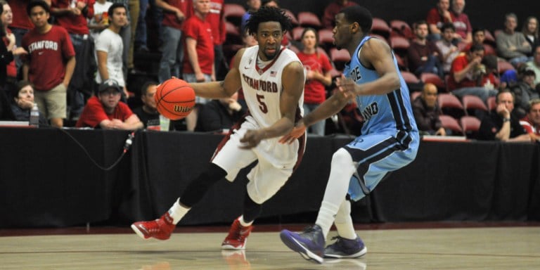 Chasson Randle (let) became Stanford's all-time top scorer in the NIT semifinal game against Old Dominion. His 25 points against Miami in the finals were key to the team's victory. (RAHIM ULLAH/The Stanford Daily)