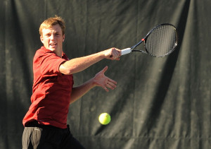 Freshman Tom Fawcett (above) has been a standout player this year, and as only a freshman he has an extremely promising role in the future of men's tennis. LJSHOTYOU/Stanford Photo.