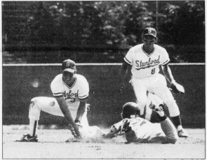 Esquer (right) broke into the Cardinal's starting lineup at shortstop during his senior season, and he quickly became a leader on the team as it earned its first national championship in 1987. (Stanford Daily file photo)