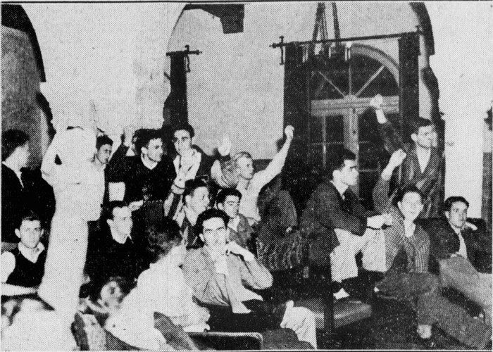 Members of the Hall caucus discuss "Hall-Row cooperation" in the ASSU elections process in 1936. (Stanford Daily File Photo)