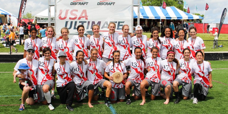 Stanford's women's ultimate frisbee team, Stanford Superfly (above), poses after finishing as national runners-up following a dominating run through the tournament that ended with a hard-fought 13-11 loss to Oregon in the national title match. (Courtesy of Stanford Superfly)