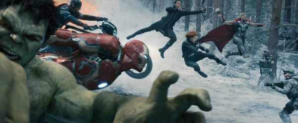 (l-r) Hulk (Mark Ruffalo), Captain America (Chris Evans), Iron Man (Robert Downey Jr.), Hawkeye (Jeremy Renner), Black Widow (Scarlett Johansson), and Thor (Chris Hemsworth) in "Avengers: Age of Ultron." (Courtesy of Film Frame/Marvel)