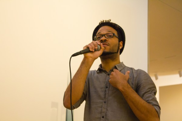 Tyler "EAGLEBABEL" Brooks performing at the Anderson Collection in 2014. (BENJAMIN SORENSEN/The Stanford Daily)