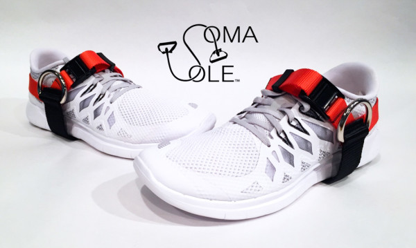 SomaSole is a resistance band that attaches to the sole of the foot via the straps seen above. Kasner came up with the idea while he was in Japan and couldn't find a gym in which he could maintain his regular workout regimen. (Courtesy of SomaSole)