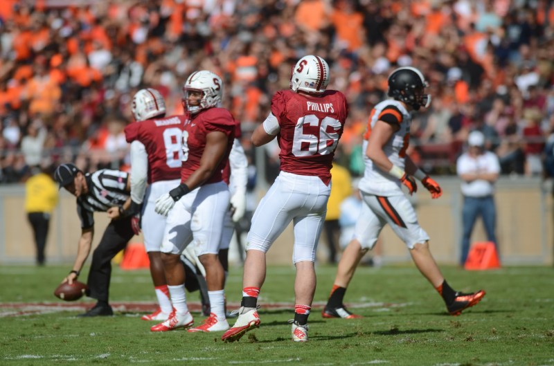 After sustaining a season-ending ACL tear against Northwestern last year, Harrison Phillips (above) is poised to return as a major threat on the defensive line. With the added depth this season, the veteran presence of Phillips, Solomon Thomas and Jordan Watkins will be key. (ERIN ASHBY/The Stanford Daily)