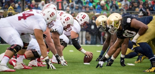 Many pointed fingers at Stanford's offensive line for the Cardinal's offensive inconsistency last season. With four of five starters returning, though, the group may be poised to turn the corner and again become the unit known around the nation for its physical dominance of its opponents. (ROBIN ALAM/isiphotos.com)