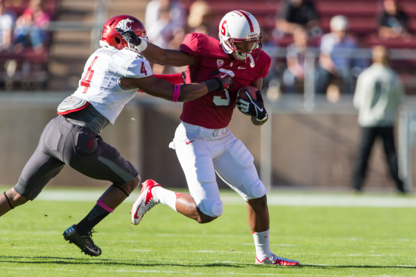 If the coaching staff decides to take some of the weight off of McCaffrey's shoulders on special teams, senior receiver-turned-safety Kodi Whitfield (right) is said to be the Cardinal's "safety net" at returner heading into the season. (JIM SHORIN/stanfordphoto.com)