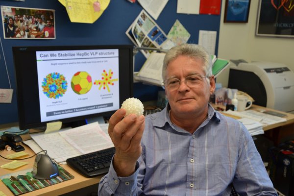 Professor James Swartz holds an enlarged replica of a virus-like particle. Swartz and his team have re-engineered a virus to deliver therapies to cells.
(Stanford News Service, Linda Rice)