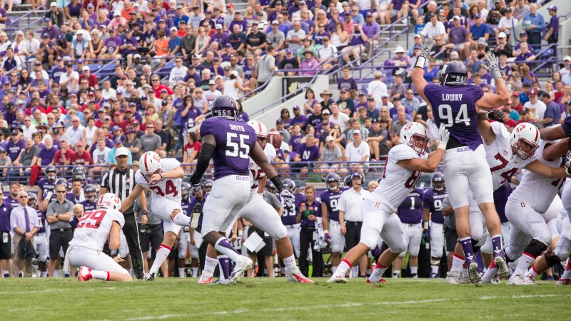 Perhaps one high of the otherwise disappointing game against Northwestern was the performance of Conrad Ukropina (34), who was 2-of-2 on field goals. The senior was named the starting kicker for the Cardinal this season after the graduation of Jordan Williamson. (BOB DREBIN/isiphotos.com)