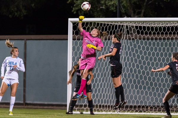 October 10, 2013: Jane Campbell makes a save during the Stanford vs UCLA women's soccer match in Stanford, California.  UCLA won 2-1 in double overtime.