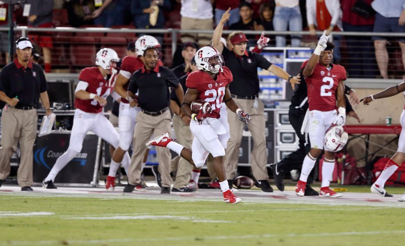 Freshman running back Bryce Love (center) ran roughshod through the UCF defense with 135 receiving yards on two catches, including a 93-yard touchdown reception, the longest of quarterback Kevin Hogan's career. Love was also one of the featured backs in the Cardinal's new-look wildcat formation. (HECTOR GARCIA-MOLINA/stanfordphoto.com)