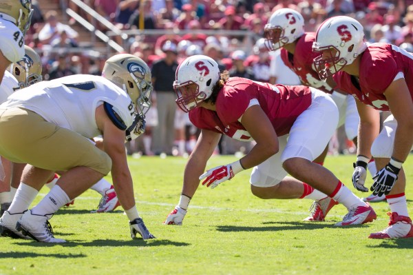 With the season-ending  injury of Harrison Phillips, the Cardinal may have to move around some players as they figure out who should replace Phillips in the rotation. One of the defense's options is Luke Kaumatule (right), a linebacker, who saw action in all 13 games last season. (BOB DREBIN/stanfordphoto.com)