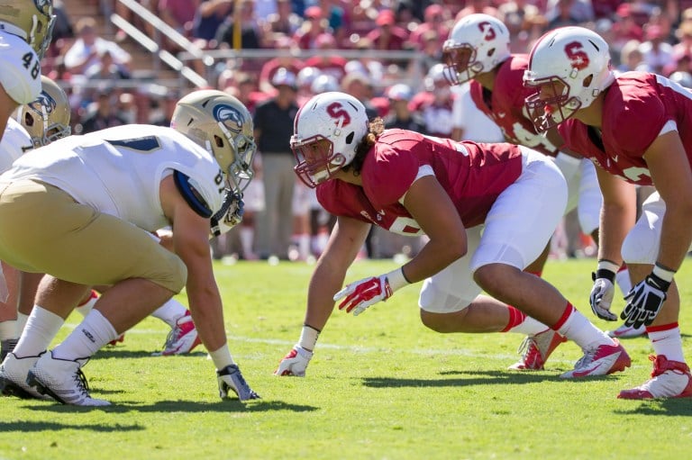 With the season-ending  injury of Harrison Phillips, the Cardinal may have to move around some players as they figure out who should replace Phillips in the rotation. One of the defense's options is Luke Kaumatule (right), a linebacker, who saw action in all 13 games last season. (BOB DREBIN/stanfordphoto.com)