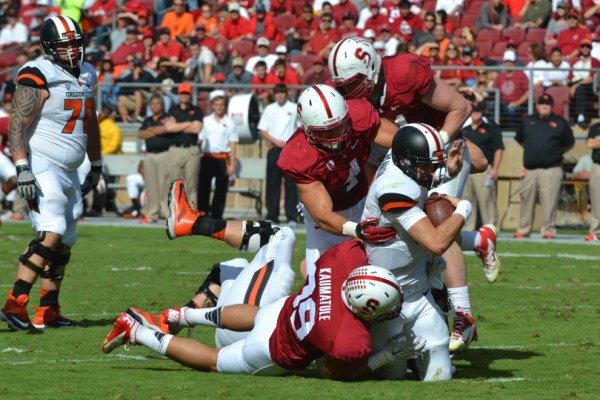 Despite being the most prolific passer in Oregon State history, quarterback Sean Mannion (middle right) struggled against Stanford, throwing for 393 yards and only one TD in his two losses to the Cardinal. True freshman Seth Collins has replaced Mannion under center this year. (ERIN ASHBY/The Stanford Daily)