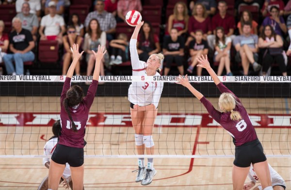 Freshman outside hitter Hayley Hodson (center) recorded 14 kills and 12 digs for the Cardinal in a five-set loss to No. 3 USC. Hodson has been phenomenal for the Cardinal on the season, posting a team-high 124 kills. (MIKE RASAY/ stanfordphoto.com)