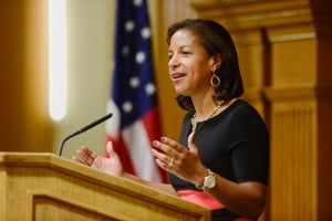 National Security Advisor and Stanford alumnus Susan Rice urged students to take action to curb climate change on Monday. (L.A. CICERO/STANFORD NEWS)