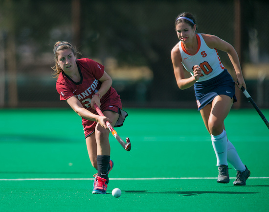 Midfielder Maddie Secco (left) contributed an assist in Stanford's 5-1 win over UC Davis. The senior leads the team in points (20), goals (6), and assists (8). 
(JOHN TODD/isiphotos.com)