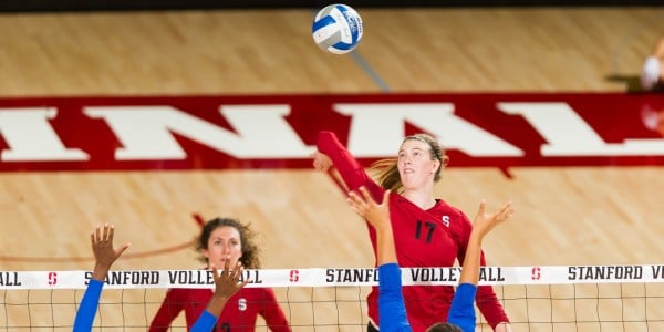 Junior middle blocker Merete Lutz (right), last week’s Pac-12 Defensive Player of the Week, has stepped up this season after the loss of senior Inky Ajanaku to a knee injury in June. In last week’s matchups against Washington and Washington State, Lutz tallied a combined 11 blocks and 23 kills for both games. (KAREN AMBROSE HICKEY/stanfordphoto.com)