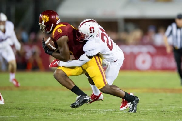 Fifth-year senior cornerback Ronnie Harris (right) will play a critical role in Thursday’s game against UCLA as Bruin receiver Jordan Payton is coming off two of his best games of the season. (KAREN AMBROSE HICKEY/stanfordphoto.com)