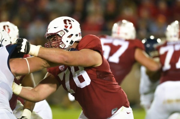 Stanford's offensive line, led by senior left tackle Kyle Murphy (above), has given up only eight sacks in six games and has allowed the running backs to average 5.9 yards per carry. (KEVIN HSU/The Stanford Daily)