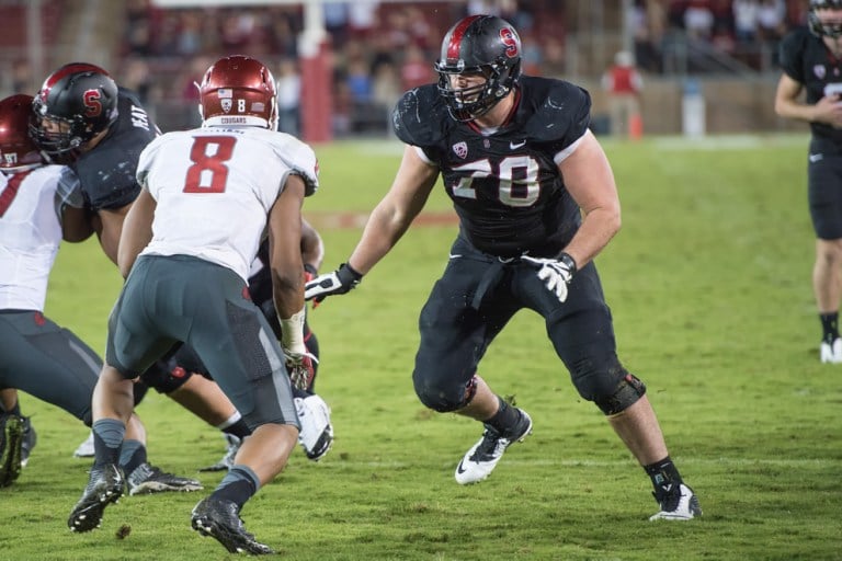 This weekend, senior left tackle Kyle Murphy (right) and the Stanford offensive line will look to exploit a Washington State defense that gives up 5.06 yards per carry. (DAVID BERNAL/isiphotos.com)