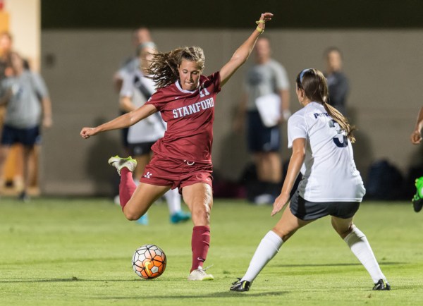 Freshman midfielder Jordan DiBiasi (left), scored her third goal of the season on Thursday, a back-heel goal that helped the Cardinal clinch a share of the Pac-12 for the first time since 2012 (DAVID BERNAL/isiphotos.com)