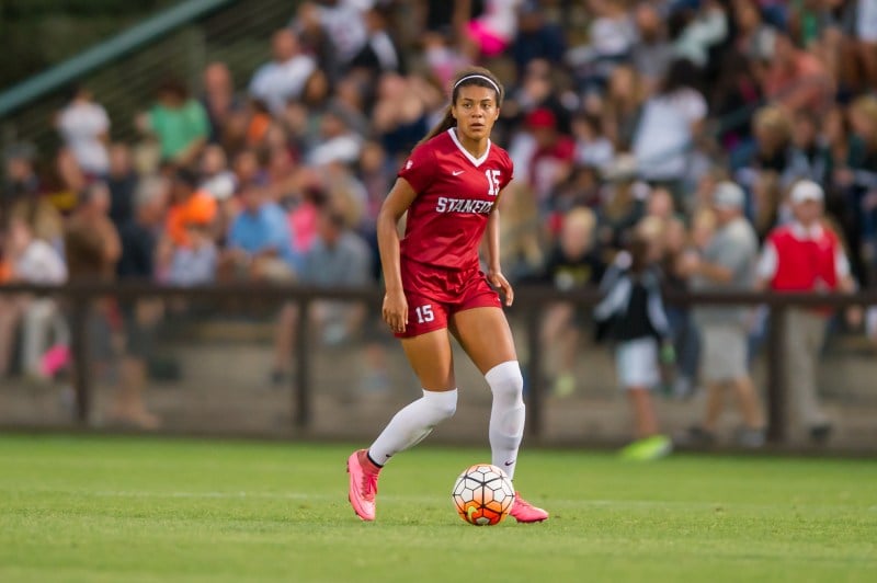 Freshman Alana Cook (above) notched the only goal in Stanford's 1-1 draw against No. 20 Cal in its final regular season game. The Cardinal ended their season undefeated in conference play.
(KAREN AMBROSE HICKEY/stanfordphoto.com)