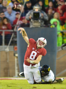 Fifth-year senior quarterback Kevin Hogan (above) completed 28 of his 37 passes for 304 yards but yielded two critical fumbles in the fourth quarter that allowed Oregon to build the 8-point lead that Stanford was unable to overcome in the end. (SAM GIRVIN/The Stanford Daily)