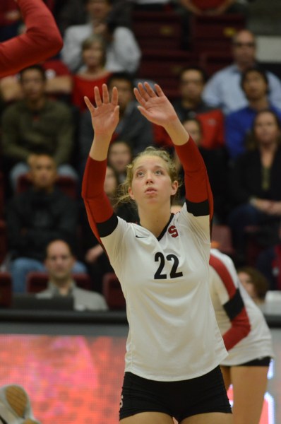 Setter Madi Bugg (above) notched a team-best 11th double-double in Stanford's win over Washington State on Sunday. The senior recorded 45 assists and 13 digs on the day. (ROGER CHEN/The Stanford Daily).