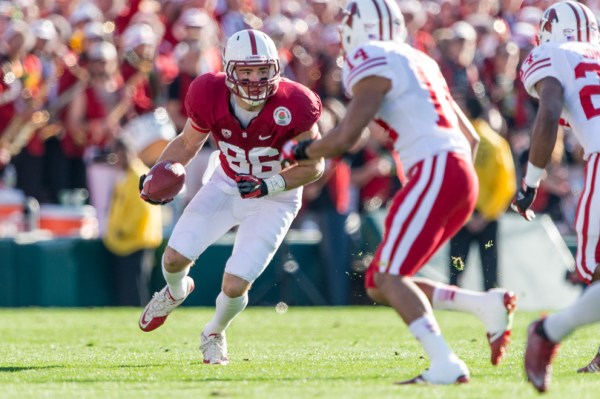PASADENA, CA - JANUARY 1, 2013: Zach Ertz during the 99th Rose Bowl Game against Wisconsin. The Cardinal defeated the Badgers 20-14.