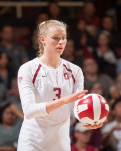 Four-time Pac-12 Freshman of the Week and outside hitter Hayley Hodson (above) is currently leading the team with 3.85 kills per set. She also ranks second behind senior setter Madi Bugg with 2.50 digs per set. (MACIEK GUDRYMOWICZ/stanfordphoto.com) 