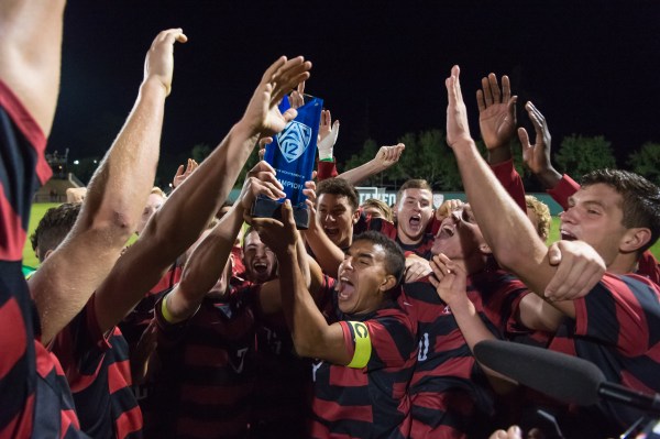 The Stanford men's soccer team celebrated its second consecutive Pac-12 title Thursday evening when it closed its regular season with a 1-0 win over No. 23 Cal.
(JIM SHORIN/stanfordphoto.com)