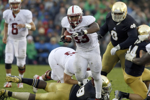 In the 2012 game between Stanford and Notre Dame, Stepfan Taylor (above) was ruled down on a controversial fourth-and-goal call that gave the Irish a 20-13 overtime win. (Aaron Suozzi Photography)