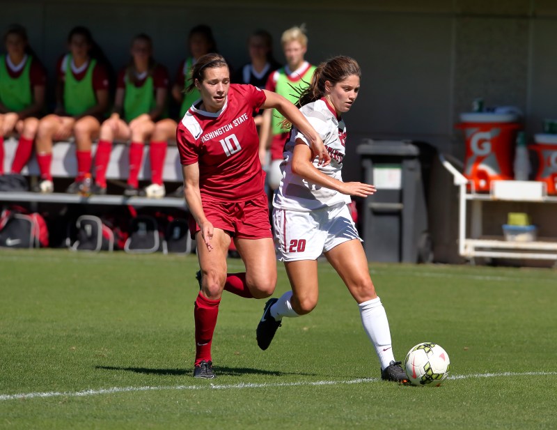 Junior forward Megan Turner (right) scored her first goal of the season in perhaps the Cardinal's most memorable game this year, as the victory over USC earned Stanford the Pac-12 title, its first since 2012.  (HECTOR GARCIA-MOLINA/stanfordphoto.com)