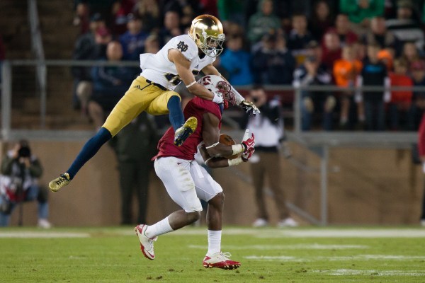 The 2013 meeting between the two teams was eventually decided on two late interceptions by then-junior cornerback Wayne Lyons (right). Notre Dame quarterback Tommy Rees' two late picks preserved a 27-20 Stanford win. (BOB DREBIN/stanfordphoto.com)