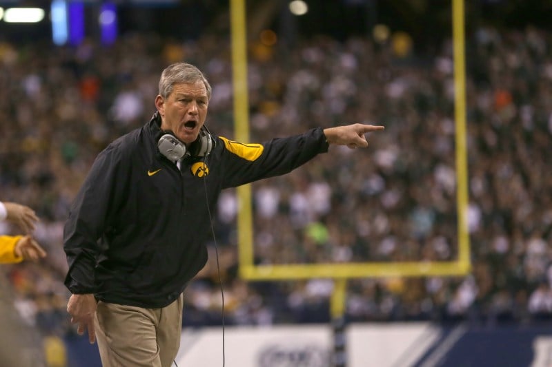 Iowa head coach Kirk Ferentz reacts to a call made during the Big Ten Championship against Michigan State in Lucas Oil Stadium in Indianapolis, Indiana on Saturday, Dec. 5, 2015. The Spartans defeated the Hawkeyes, 16-13. (Alyssa Hitchcock/The Daily Iowan)
