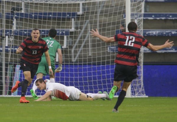 Jordan Morris (left) scored the first two of Stanford's four goals in the team's rout of Clemson in the national title game. The Cardinal have won their first-ever national title and the school's 108th overall, as well as extending the streak Stanford has won a national championship to 40 consecutive years. (TONY QUINN)