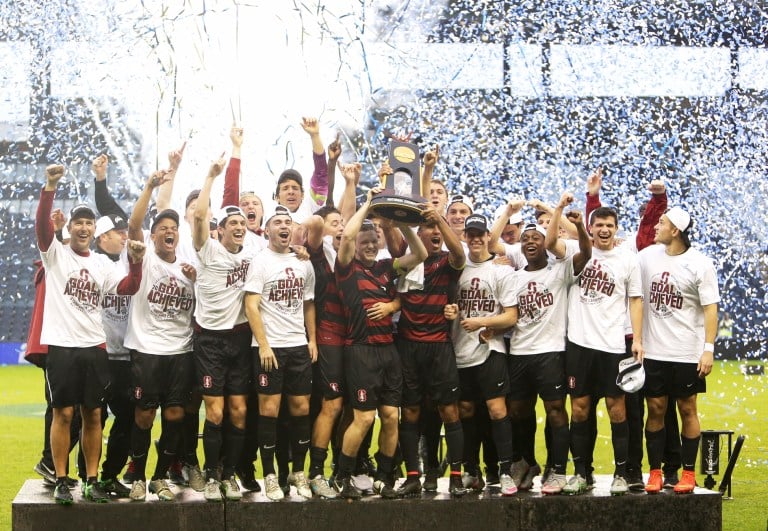 Stanford men's soccer celebrates after winning the national championship in December, eventually propelling the men's athletics program to its first Capital One Cup in school history. (TONY QUINN)