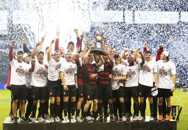 Stanford men's soccer celebrates after winning the national championship in December, eventually propelling the men's athletics program to its first Capital One Cup in school history. (TONY QUINN)