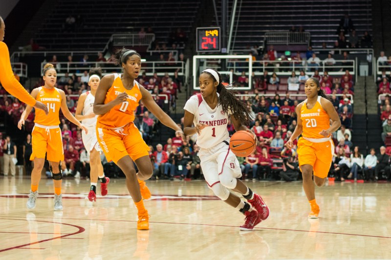 Junior guard Lili Thompson (center) scored 19 point in Stanford's 69-55 victory over the Lady Vols, the fifth-straight Stanford has won over Tennessee at home. (RAHIM ULLAH/The Stanford Daily)