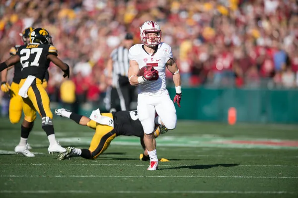 Christian McCaffrey (above) broke the record for all-purpose yards in a Rose Bowl game and completed a 2,000+ rush yard season in Stanford's domination of Iowa in the 102nd Rose Bowl Game. (RAHIM ULLAH/The Stanford Daily)