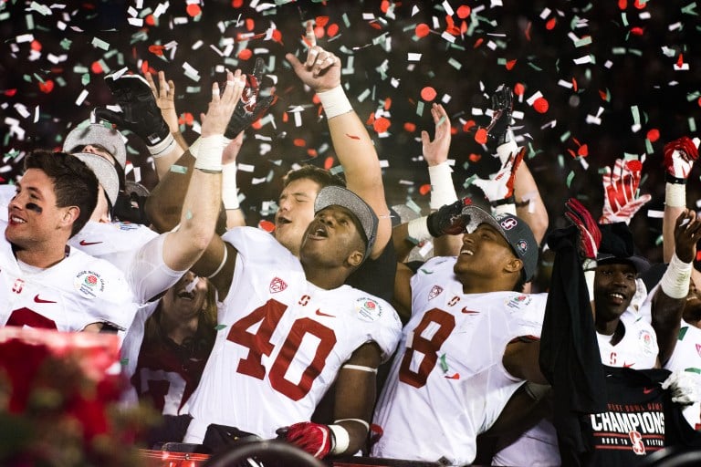 Sophomore Bobby Okereke (left) and freshman Justin Reid (right) could be major pieces in a very, very promising future that lies ahead for Stanford football, one that perhaps could even eclipse this season of championships and roses. (SAM GIRVIN/The Stanford Daily)