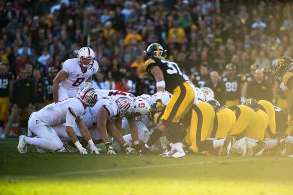 Iowa's ferocious front seven didn't have an answer for the physicality of Stanford's offensive line, the Tunnel Workers' Union, which has become accustomed to being underestimated and letting its play do the talking. Next season, even with Josh Garnett and Kyle Murphy leaving, they're confident that they can carry the legacy on. (SAM GIRIN/The Stanford Daily)